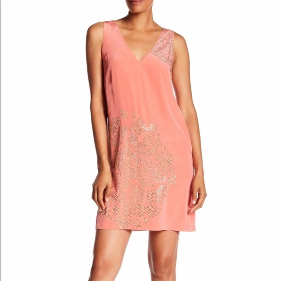 🎇NWT Trina Turk Gold Studded Silk Dress in Coral - Picture 1 of 6